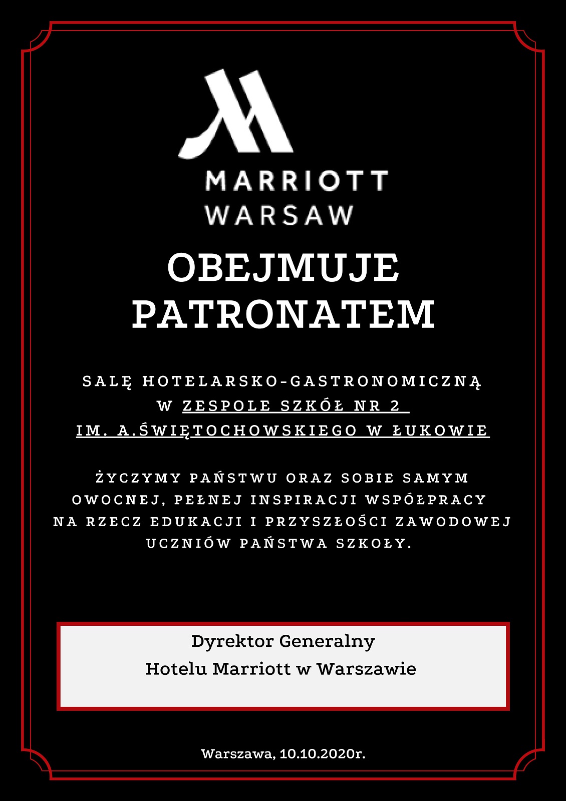 Patronat Hotelu Marriott dla Zespołu Szkół  Nr 2 w Łukowie